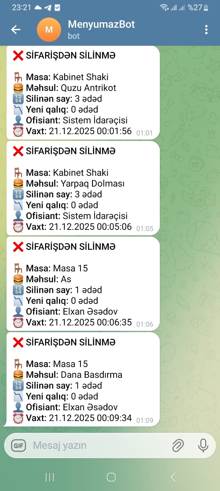 Anti-yeyinti sistemi - restoranda silinən sifarişlərə anlıq nəzarət və şəffaflıq